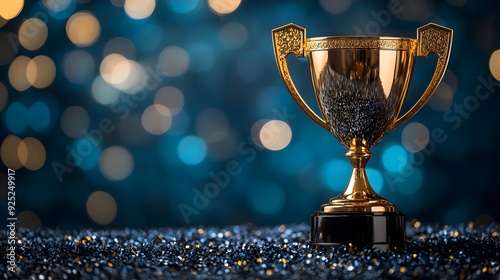 Golden Trophy on Blue Glitter Background 