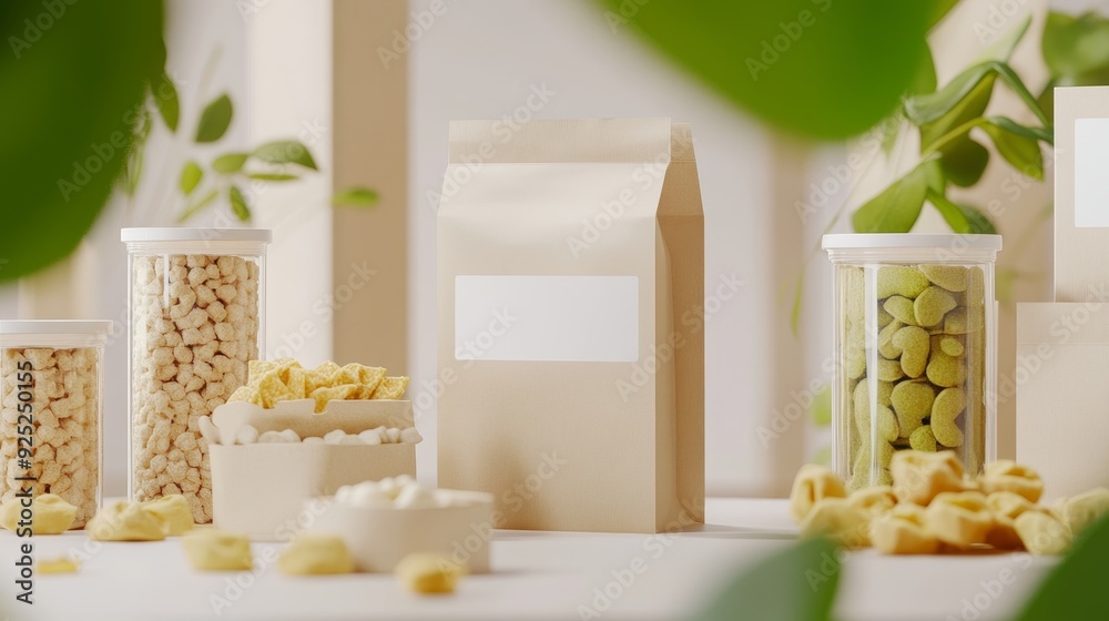 A close-up of various food products in jars and a blank paper bag, with green leaves in the background. A close-up of various food products in jars and a blank paper bag, with green leaves in the background.