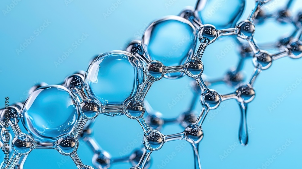 Macro view of a molecular structure with blue water droplets highlighting scientific exploration and technology in chemistry. Macro view of a molecular structure with blue water droplets highlighting scientific exploration and technology in chemistry.