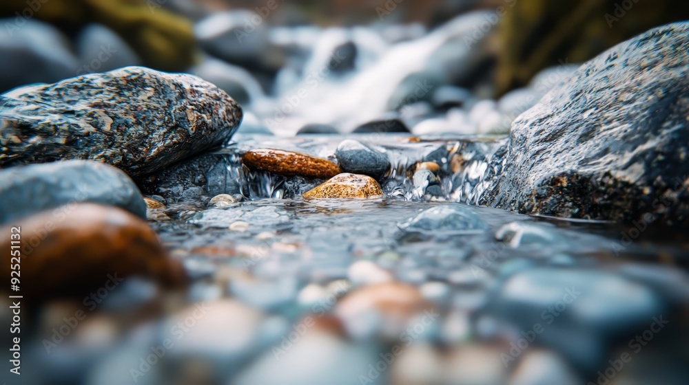 A tight shot of a water stream flowing over rocks in the foreground, accompanied by more rocks in the background A tight shot of a water stream flowing over rocks in the foreground, accompanied by more rocks in the background
