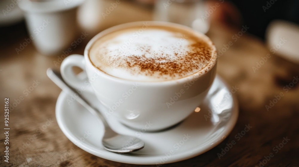 A close-up of a hot cappuccino with a thick layer of foam and a dusting of cinnamon on top, set on a saucer with a silver spoon.