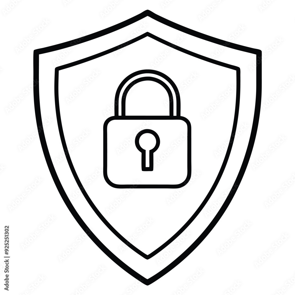 Illustration of a shield with a lock symbol representing security and protection Illustration of a shield with a lock symbol representing security and protection
