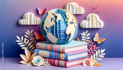 3D illustration of a globe on a stack of books, surrounded by paper-cut style clouds, butterflies, and plants, set against a gradient background of purple, pink, and blue. Ideal for educational conten photo