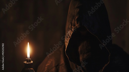 man in a hoodie and a burning candle in a dark room photo