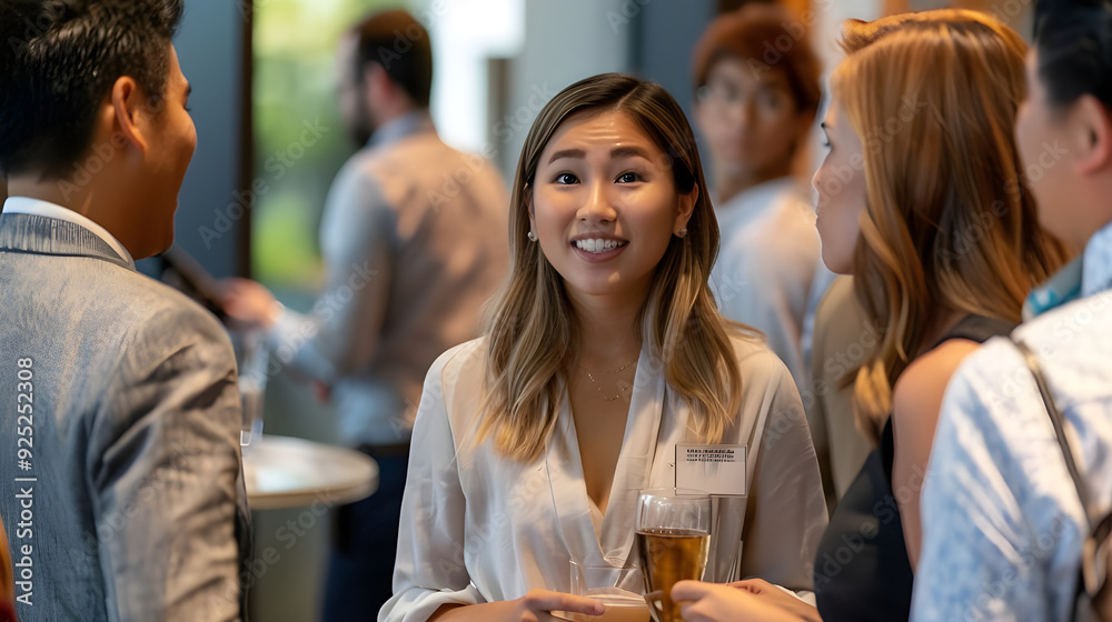 A smiling woman in a professional setting engaging in conversation during a networking event, illustrating business connections and social interaction. A smiling woman in a professional setting engaging in conversation during a networking event, illustrating business connections and social interaction.