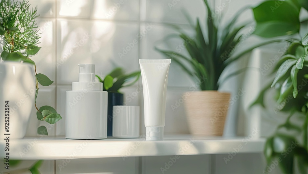 White bottles on a shelf with plants. White bottles on a shelf with plants.