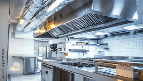 Professional stainless steel kitchen with a large vent hood.