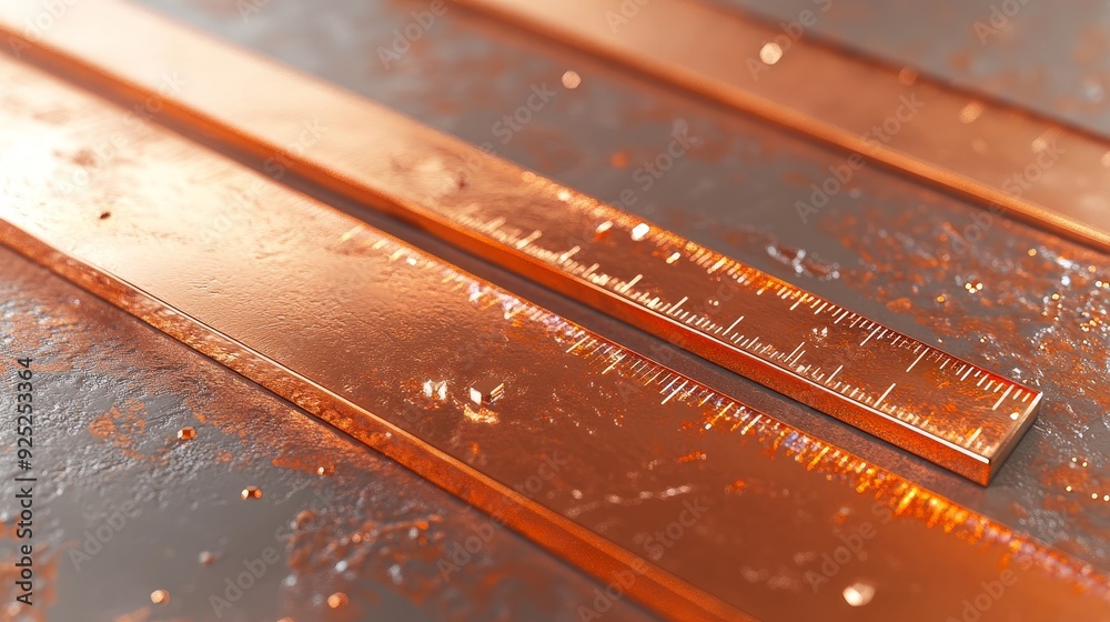 Close-up of shiny copper bars arranged in a row. The metal has a warm, reddish-brown hue. Close-up of shiny copper bars arranged in a row. The metal has a warm, reddish-brown hue.