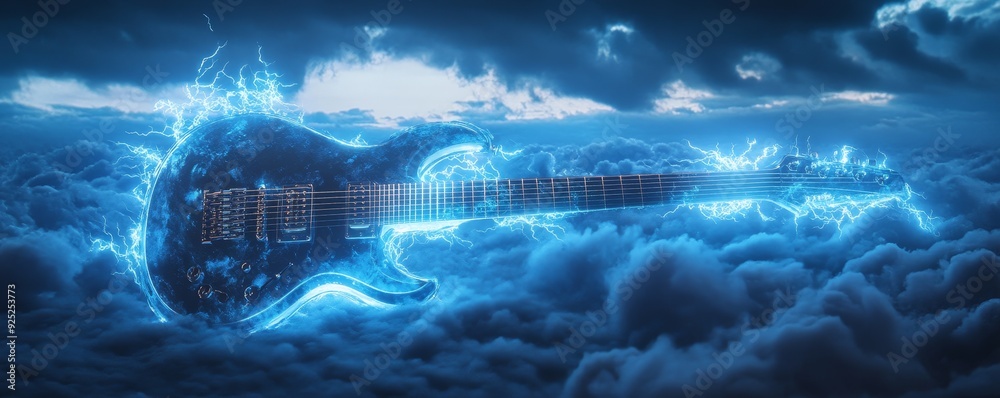 Electric guitar engulfed in blue flames, floating in clouds. Electric guitar engulfed in blue flames, floating in clouds.