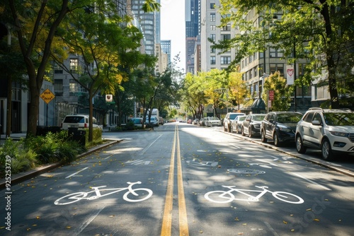 a city street with a bike lane painted on the road