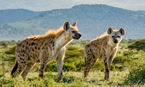 Couple large african open mounth spotted hyenas on savanna