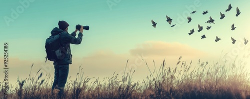 Man with backpack looking through binoculars at birds flying in a field. photo