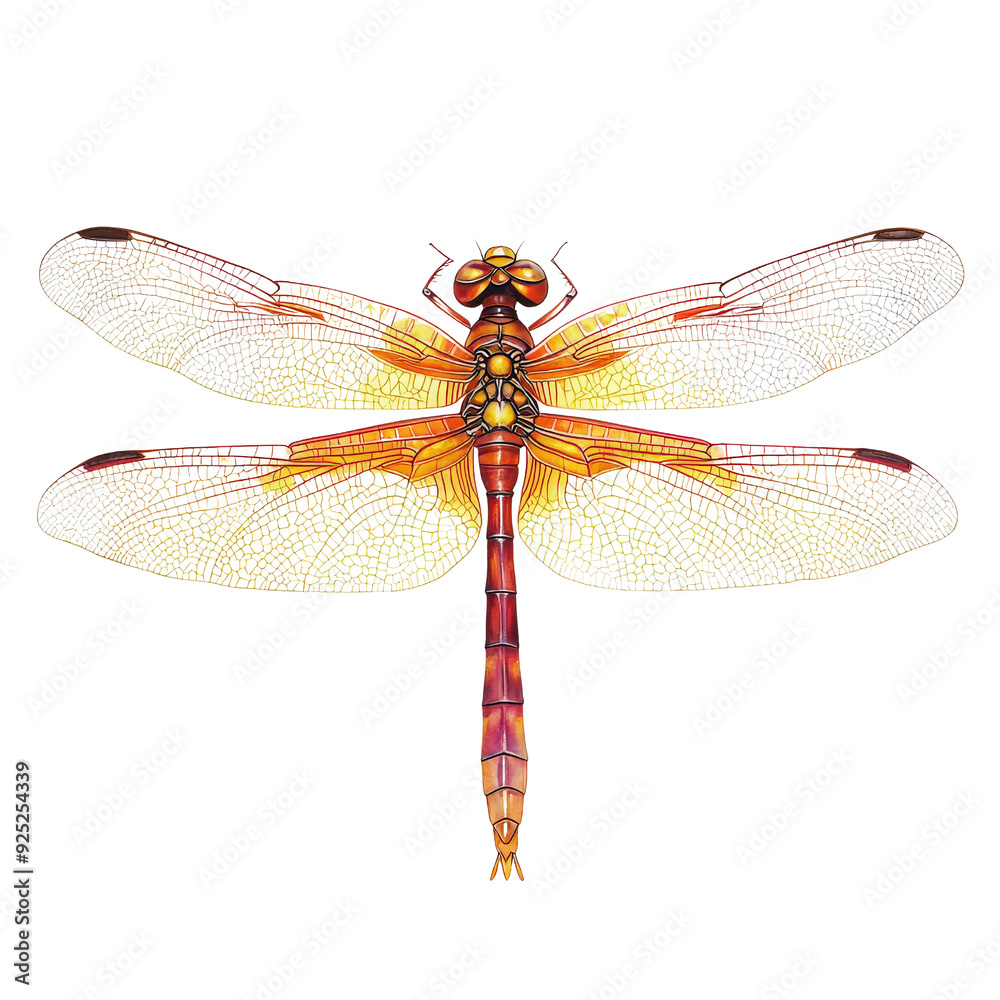 A vibrant and detailed illustration of a dragonfly, showcasing its intricate wings and colorful body against a clean background. A vibrant and detailed illustration of a dragonfly, showcasing its intricate wings and colorful body against a clean background.