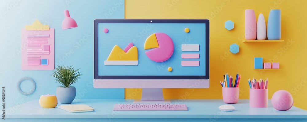 Modern computer with colorful charts on a desk. Modern computer with colorful charts on a desk.