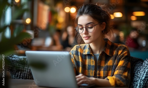Young Woman Working on Laptop in Cafe 