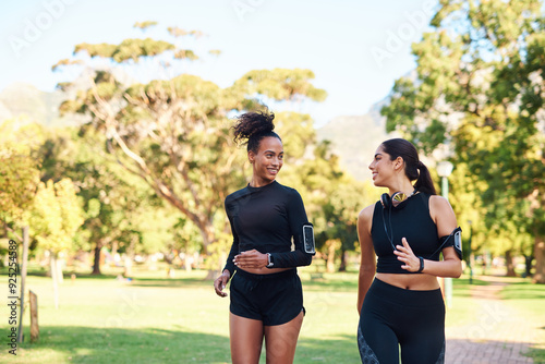 Quadro su tela Friends, women and fitness with running in park with happiness for workout and jogging in Atlanta