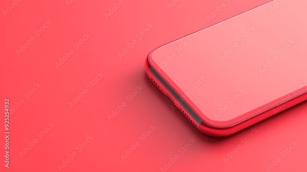 Red smartphone on a red background. The phone is laying flat and the screen is facing the camera. The phone is a modern design with rounded corners. Red smartphone on a red background. The phone is laying flat and the screen is facing the camera. The phone is a modern design with rounded corners.
