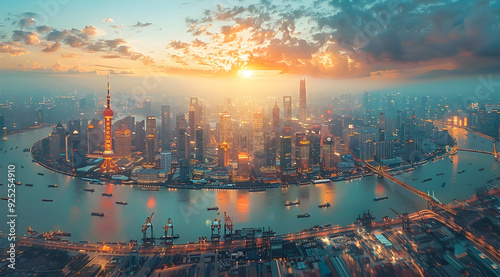 Aerial View of Shanghai Skyline at Sunset - Illustration