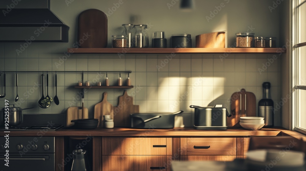 Sunlight streams through a window onto a rustic kitchen countertop and cabinets. Sunlight streams through a window onto a rustic kitchen countertop and cabinets.