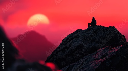  Person atop mountain amidst red-hued sky; sun distantly glowing behind photo