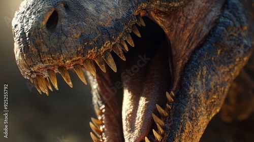  A tight shot of a dinosaur's gaping maw revealing its teeth photo