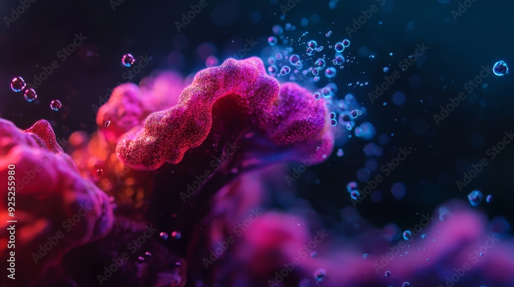 A group of bubbles hover above a blue and pink object in the air, adorned with water droplets A group of bubbles hover above a blue and pink object in the air, adorned with water droplets