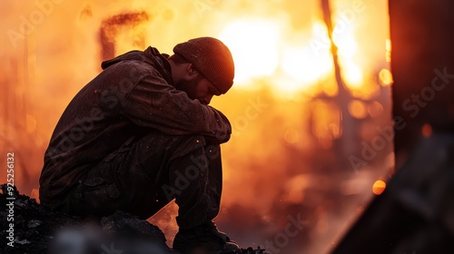  A man sits atop a wooden pile near a smoky forest, surrounded by flames