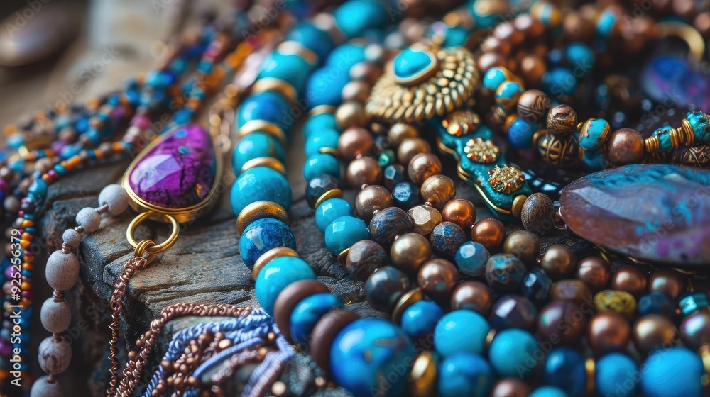 Colorful and intricate jewelry strands featuring gemstones, representing beauty, adornment, and artistic craftsmanship. Colorful and intricate jewelry strands featuring gemstones, representing beauty, adornment, and artistic craftsmanship.