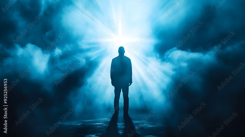 Man Silhouette in Blue Fog with Light Man Silhouette in Blue Fog with Light