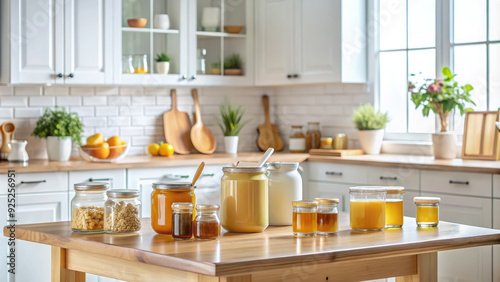 set of jars and bowls with different varieties of honey on a white stylish kitchen  healthy eating  cooking  beekeeping product  yellow  gold  transparent glassware  organic food  sweet taste