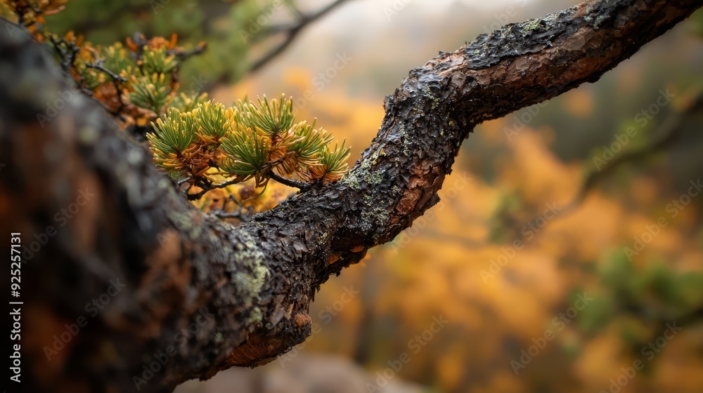 A tight shot of a pine tree branch against softly blurred nearby trees in the foreground A tight shot of a pine tree branch against softly blurred nearby trees in the foreground