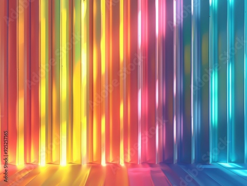 Bright and vibrant colorful vertical stripes with reflections and shadows creating a lively and dynamic atmosphere.