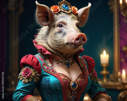Adult female pig wearing a fancy dress with decollete.