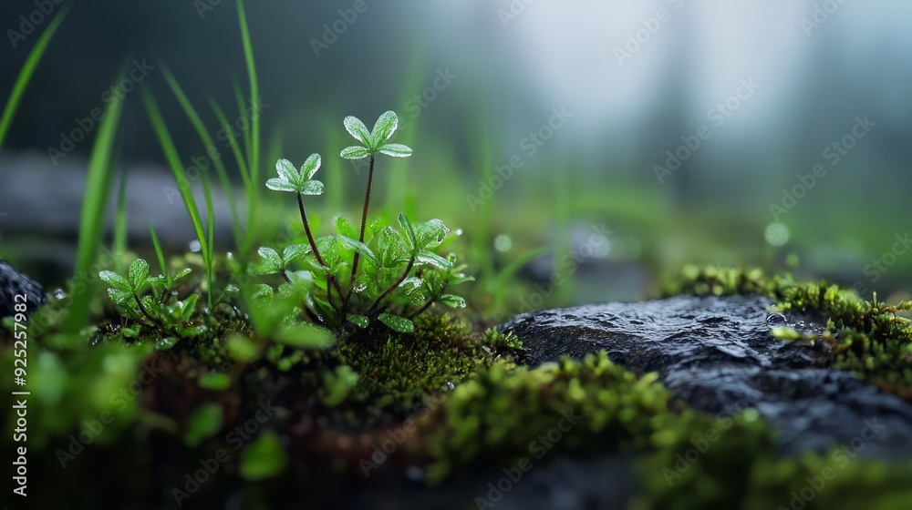 A tight shot of a tiny plant atop a rock in a mossy expanse, surrounded by trees in the distant background A tight shot of a tiny plant atop a rock in a mossy expanse, surrounded by trees in the distant background