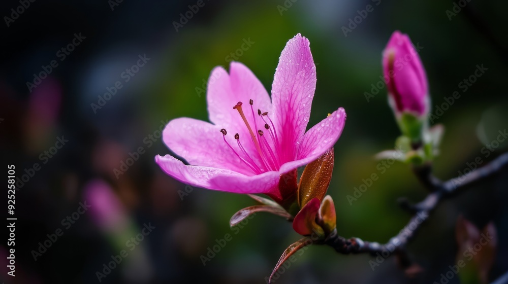 A pink flower on a tree branch, closely framed, with trees in the background softly blurred A pink flower on a tree branch, closely framed, with trees in the background softly blurred