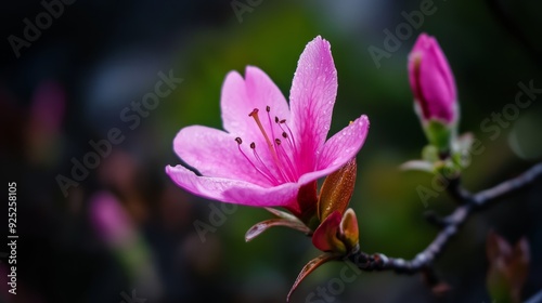  A pink flower on a tree branch, closely framed, with trees in the background softly blurred