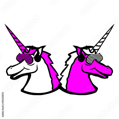 Two Mystical Team Pink Unicorn Crew Horn Horse Music Party DJ Clubbers Raver comic humor cartoon Sunglasses Headphone cool techno dance fun electro sounds lovers like disco rave club festival concert	