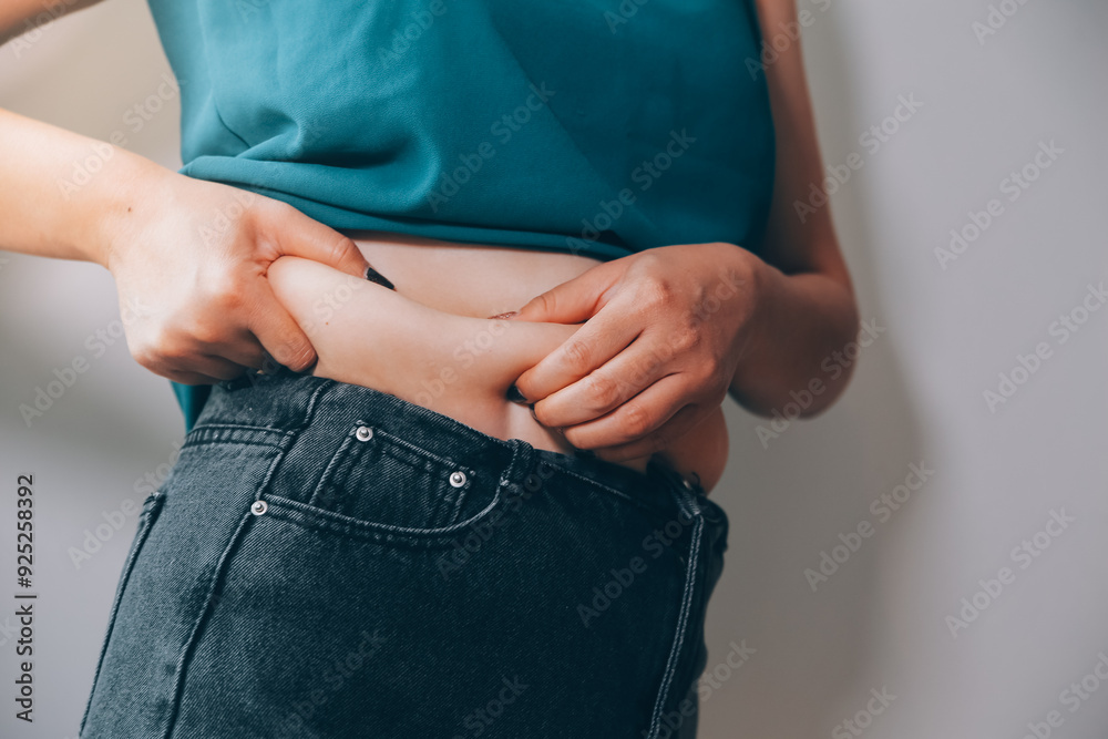 Ταπετσαρία fat woman, fat belly, chubby, obese woman hand holding excessive belly fat with
