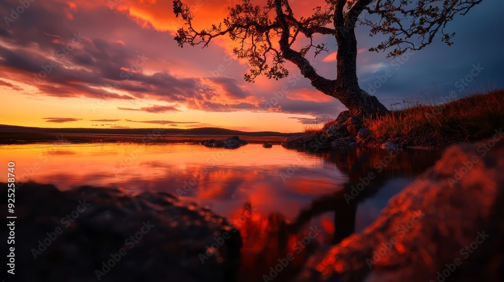 its silhouette contrasts grass, reflecting orange-hued clouds above its silhouette contrasts grass, reflecting orange-hued clouds above