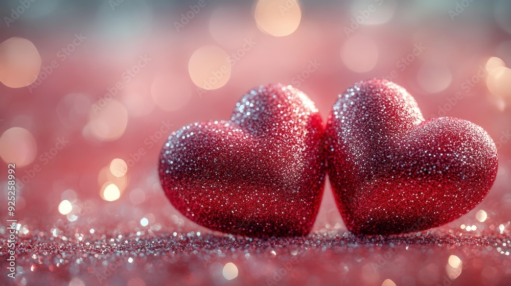 Romantic red glitter hearts on sparkling background - generative ai Romantic red glitter hearts on sparkling background - generative ai