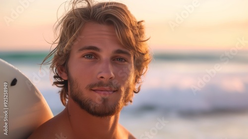 A blonde man with a surfboard stands on the beach during sunset, looking confidently at the camera, with waves and the sea in the background. photo