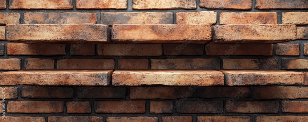 Two wooden shelves on a brick wall. Two wooden shelves on a brick wall.