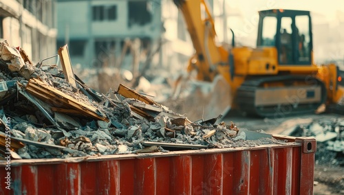 Demolition debris in red dumpster with excavator. photo