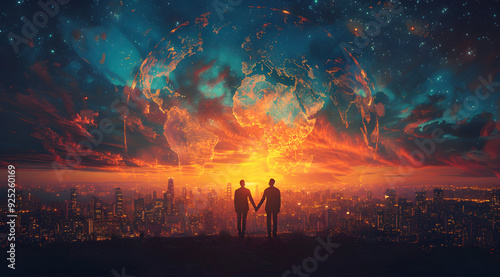 Two Silhouettes Holding Hands Against a Cityscape with a World Map Shaped Cloud Illustration