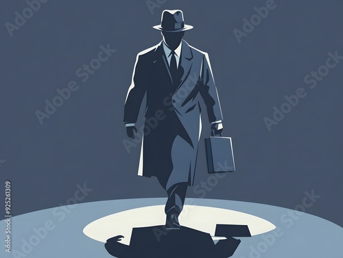 Wallpaper Mural A mysterious man in a fedora and trench coat walks with a briefcase.  His face is obscured by shadows.  The image evokes a sense of intrigue and secrecy. Torontodigital.ca