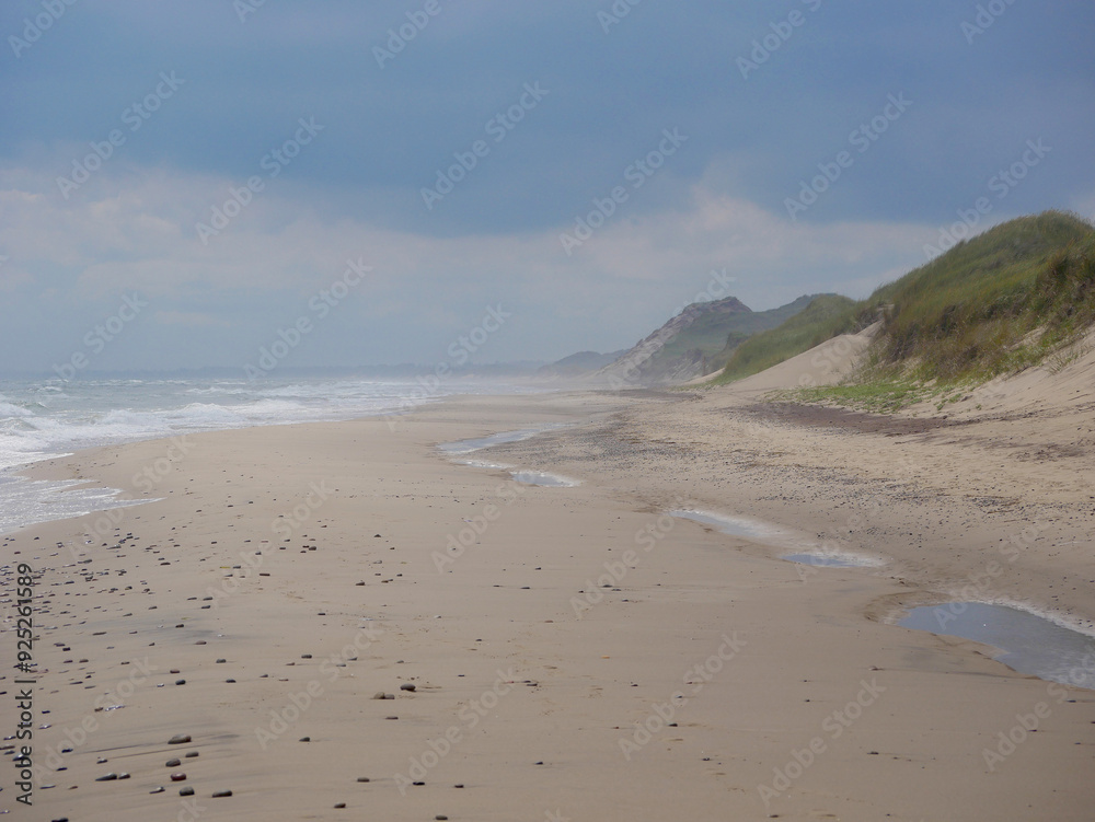 Scenic view of the sea and sand dune on the beach on a gloomy, cloudy weather, Skagen, Denmark Scenic view of the sea and sand dune on the beach on a gloomy, cloudy weather, Skagen, Denmark