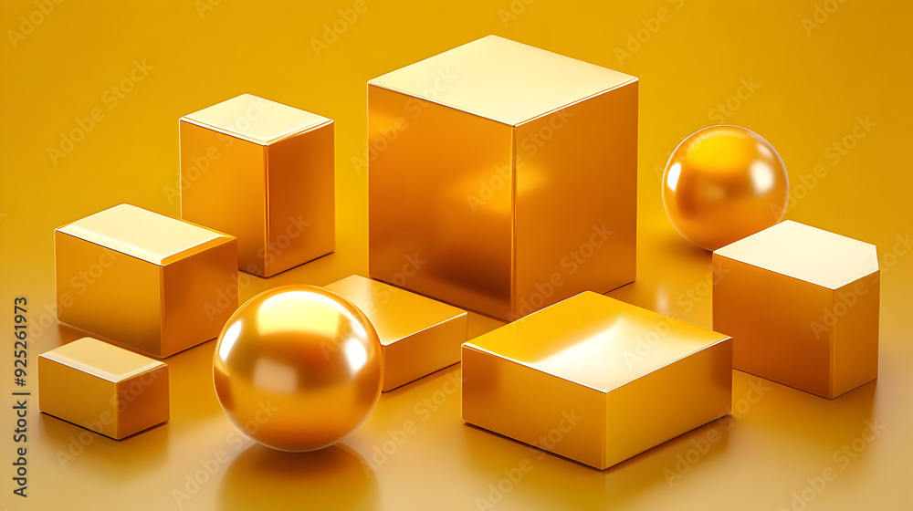 A collection of shiny golden geometric shapes on a smooth surface. A collection of shiny golden geometric shapes on a smooth surface.