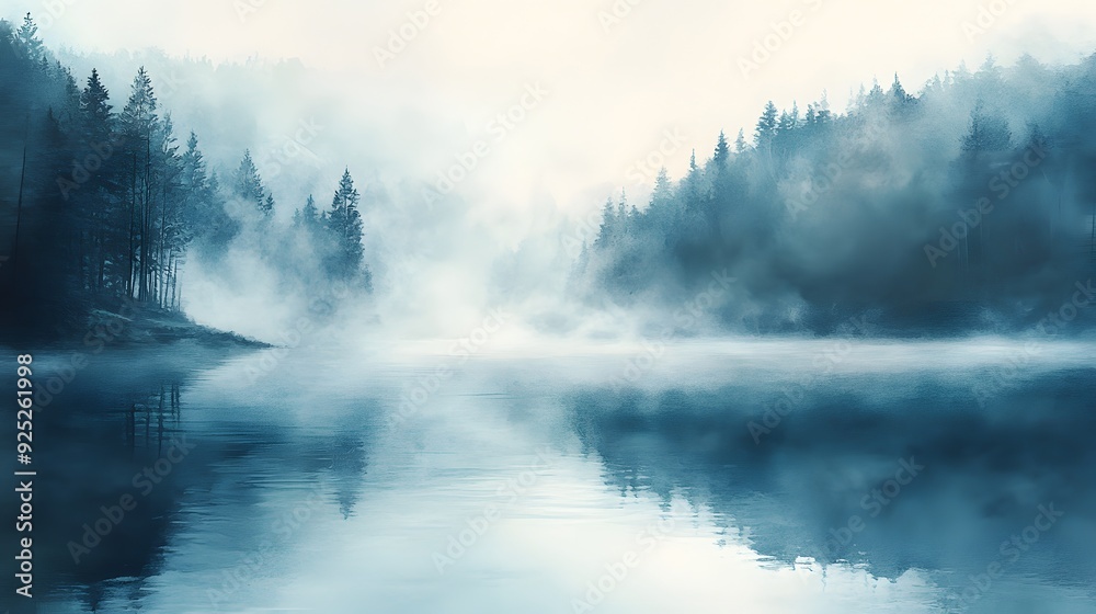 A serene, misty lake surrounded by dense evergreen trees. The water reflects the sky and creates a peaceful atmosphere. A serene, misty lake surrounded by dense evergreen trees. The water reflects the sky and creates a peaceful atmosphere.