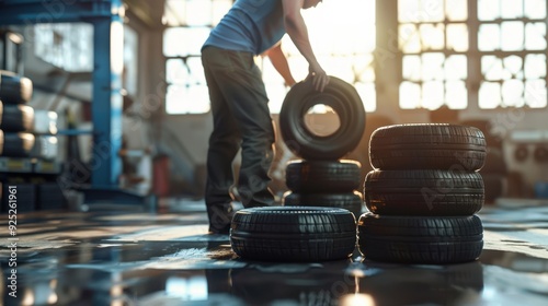 The mechanic stacking tires photo