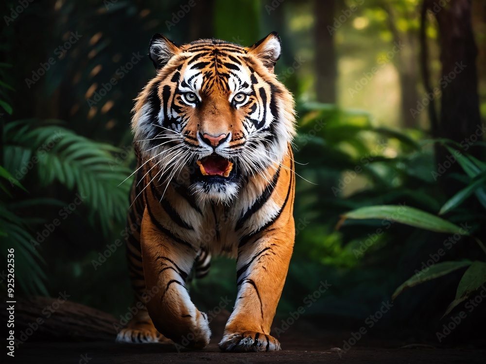 Fototapeta premium Majestic tiger walking through lush green jungle at dusk in natural habitat